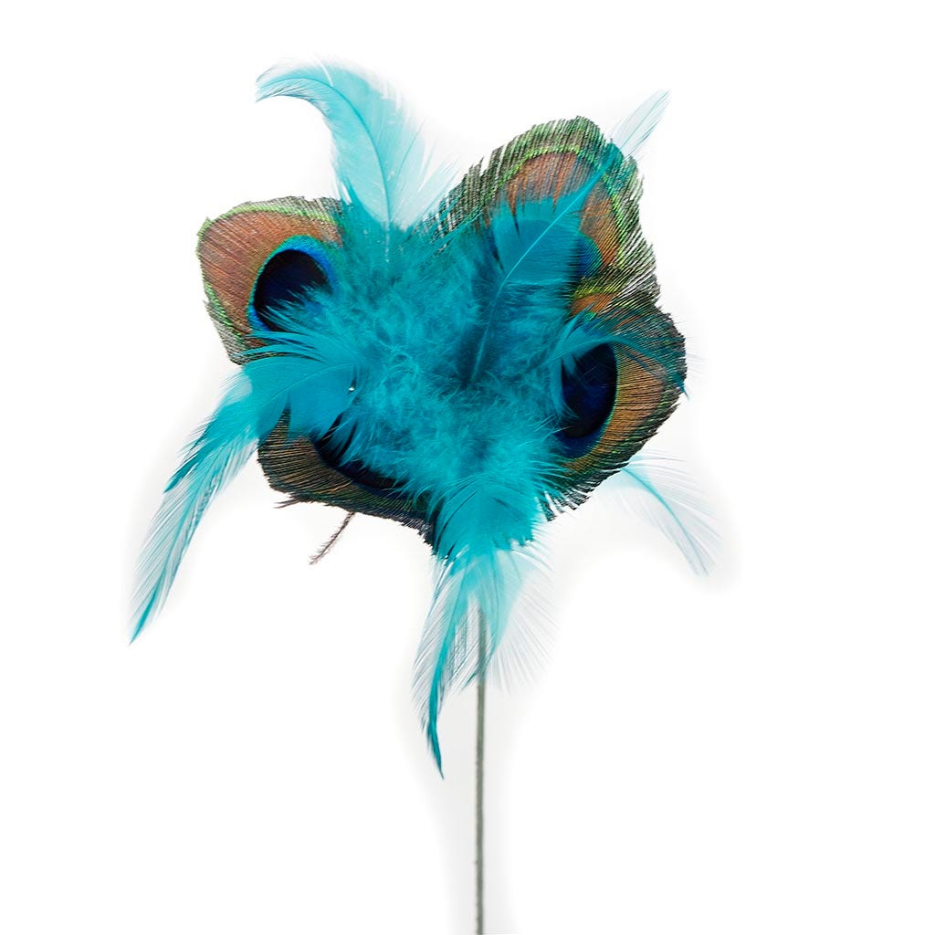 Feather Floral Stem - Peacock- Hackle Natural/Dark Aqua