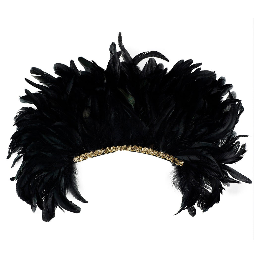 Large Sequined Adjustable Feather Spirit Headdress 15" - Black