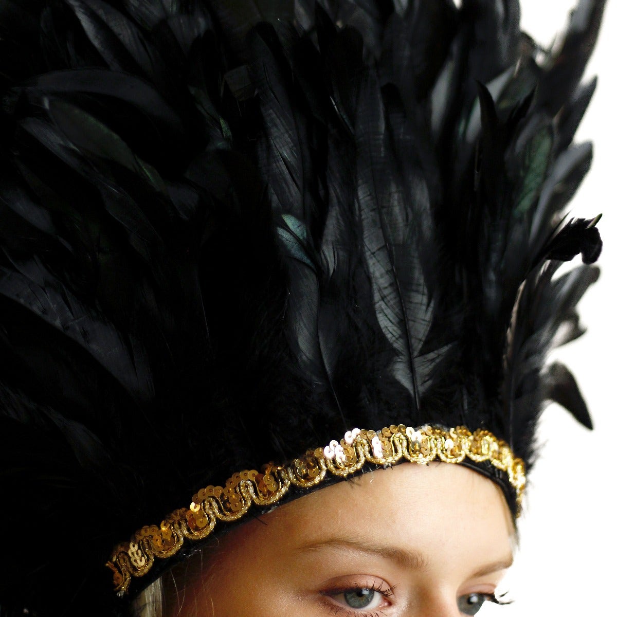 Large Sequined Adjustable Feather Spirit Headdress 15" - Black