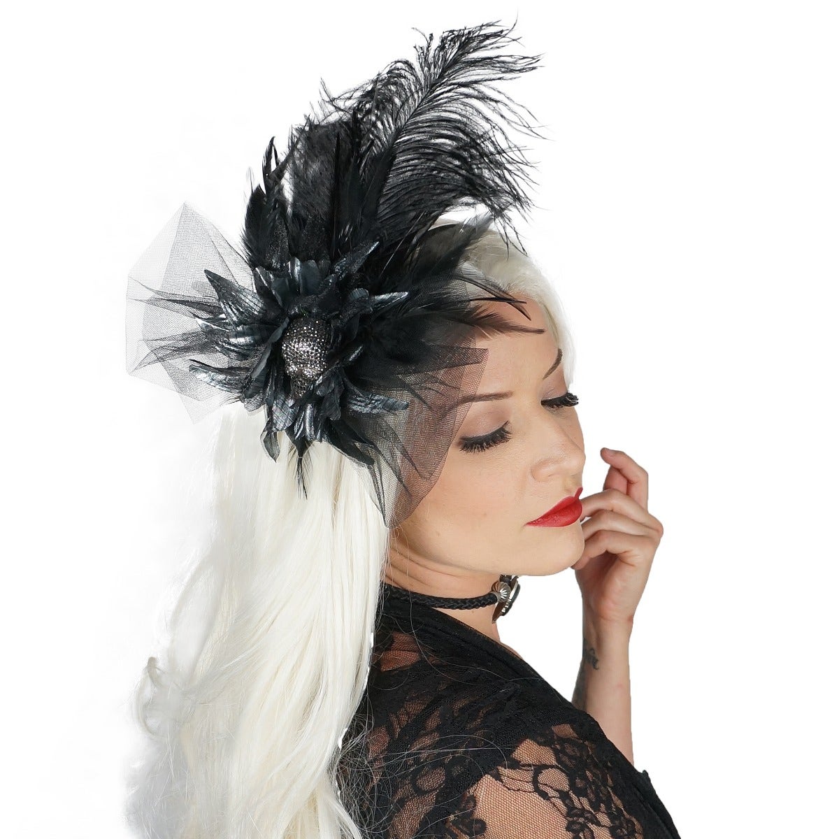 Feather Headband With Rhinestone Skull 6-7" - Black