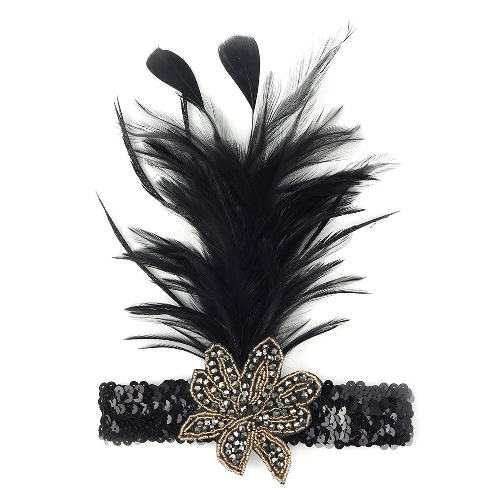 Flapper Headband w/Feather Spray - Black and Gold