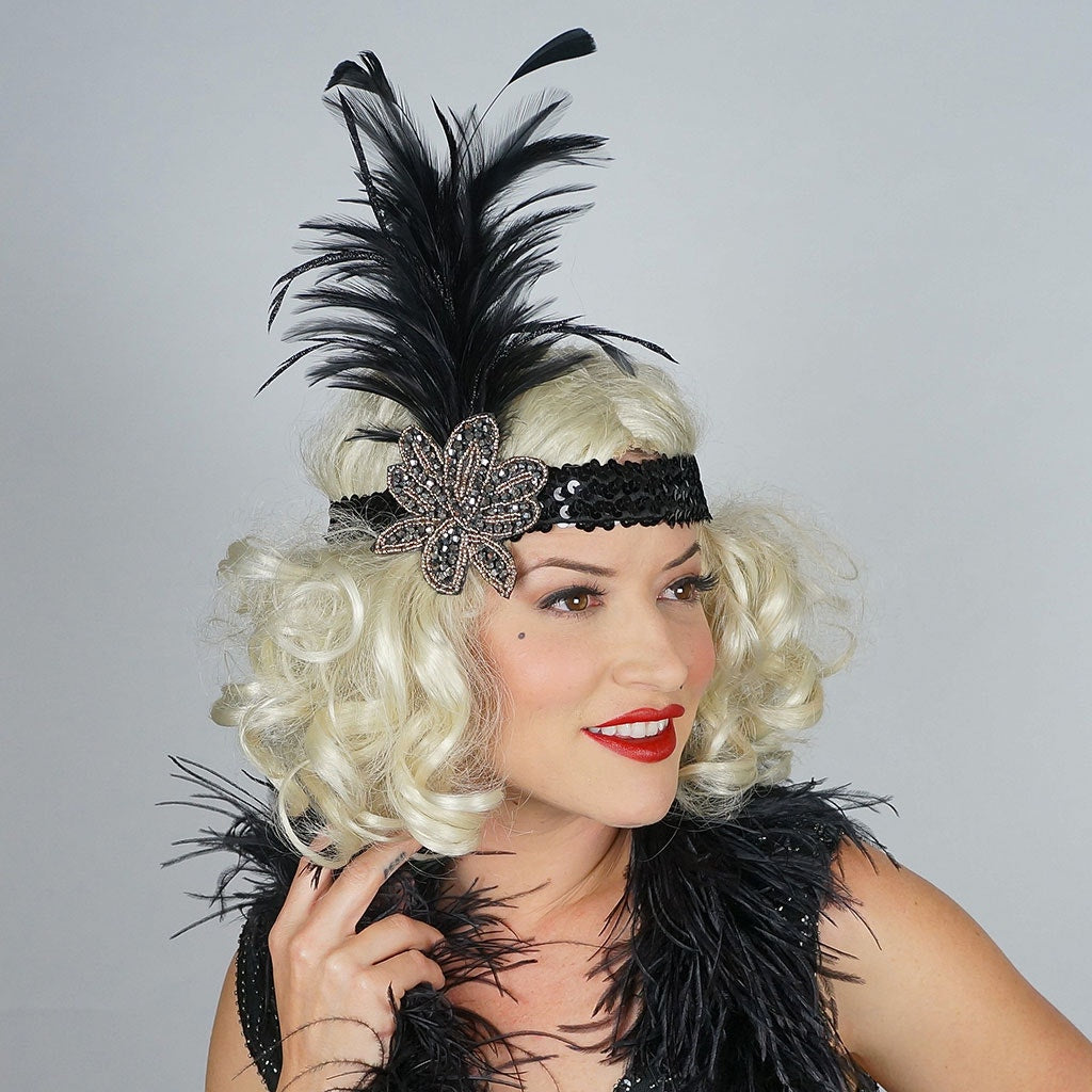 Flapper Headband w/Feather Spray - Black and Gold