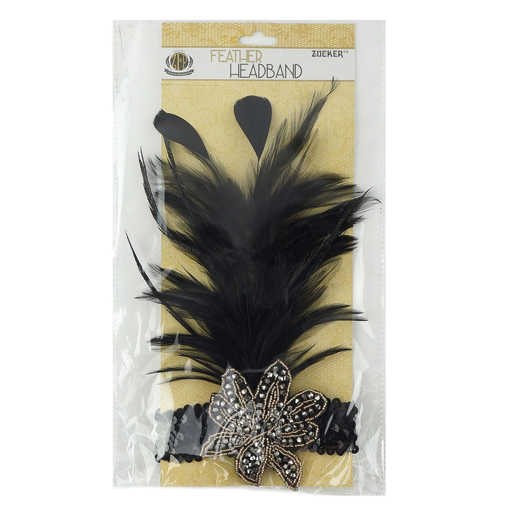 Flapper Headband w/Feather Spray - Black and Gold