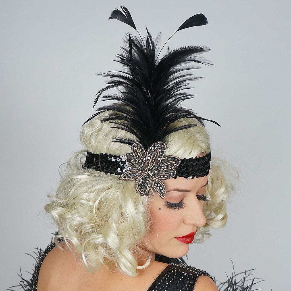 Flapper Headband w/Feather Spray - Black and Gold