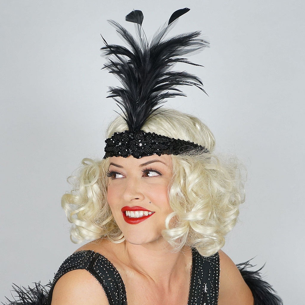 Flapper Headband w/Feather Spray - Black and Silver