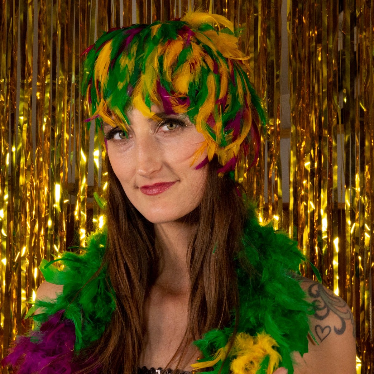 Mardi Gras Feather Wig Gold-Kelly-Purple – by