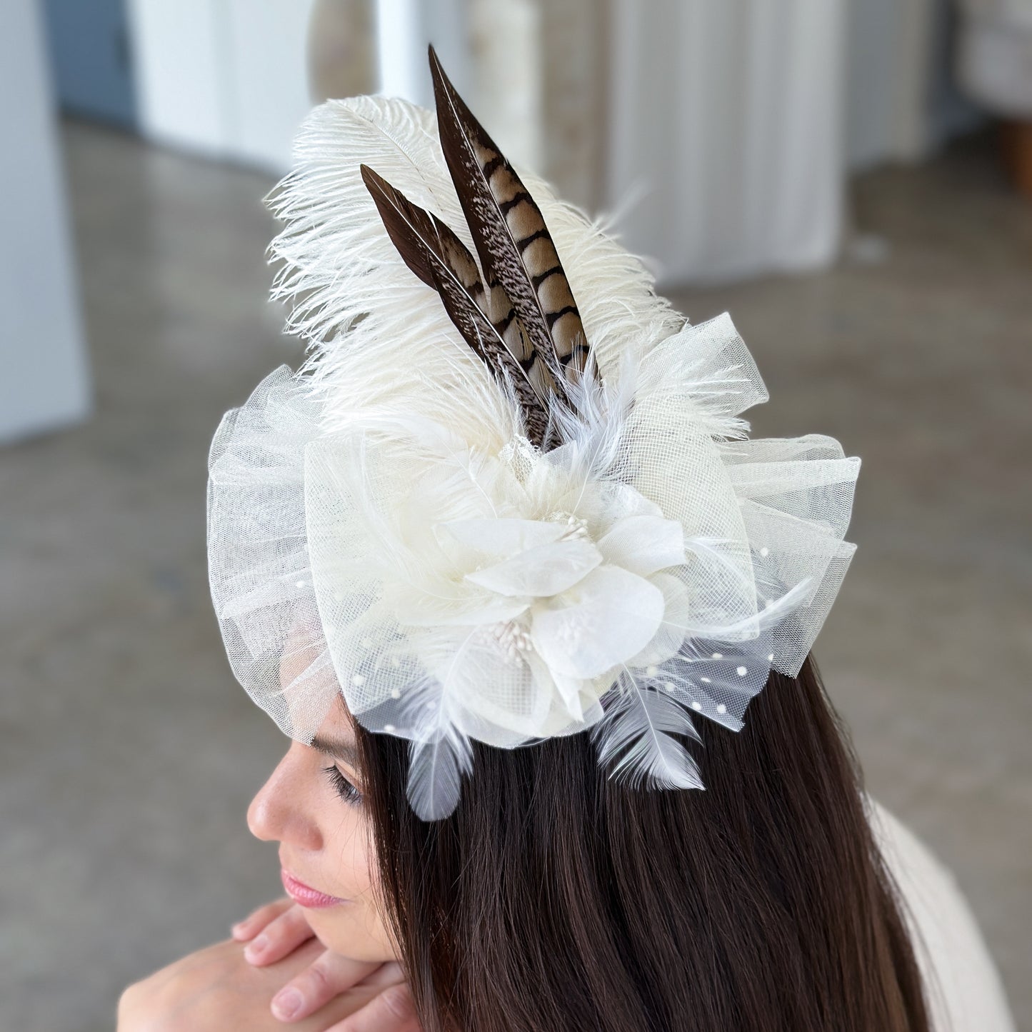 Clara Celadon and Ivory Ostrich Feather Fascinator