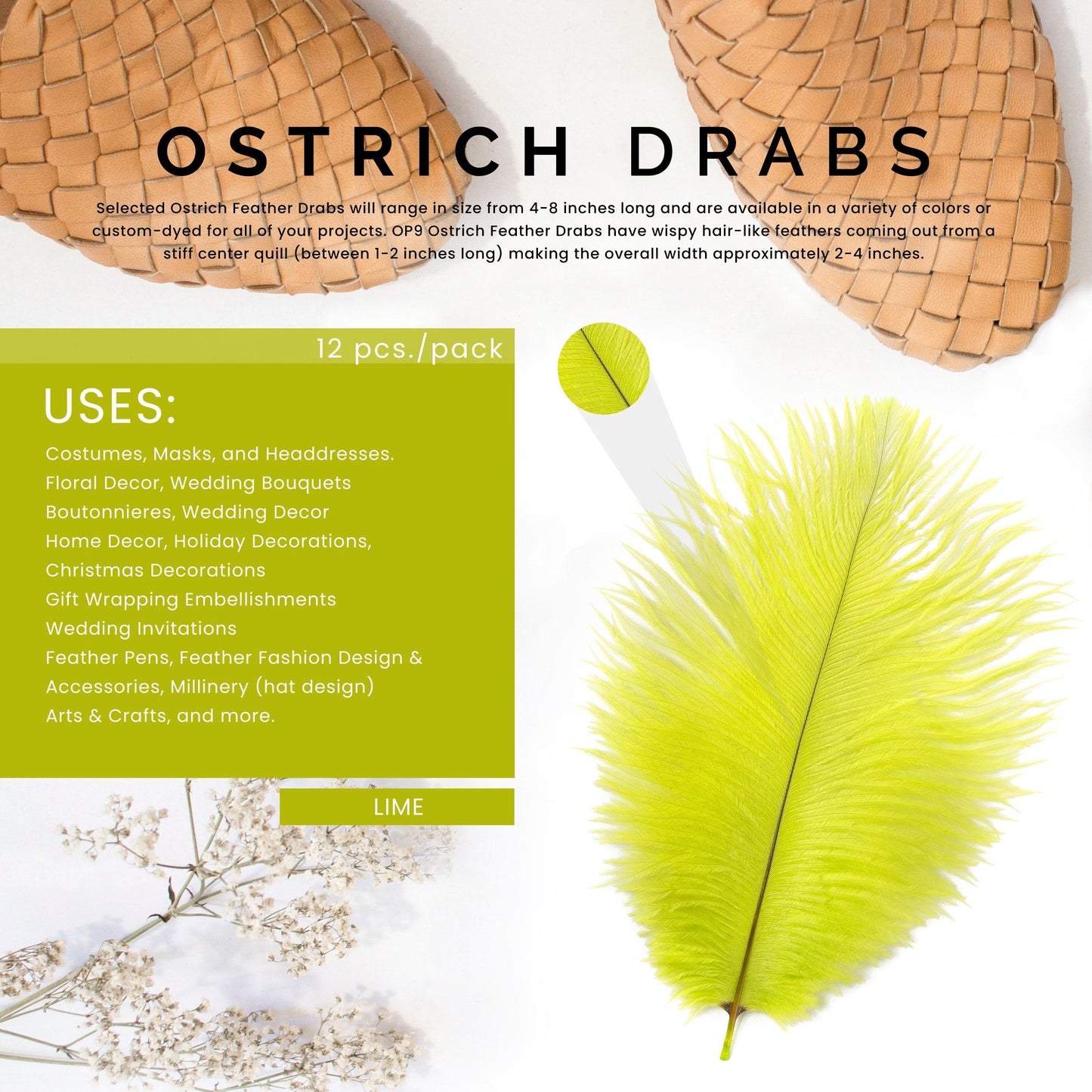 Ostrich Feathers 4-8" Drabs - Lime