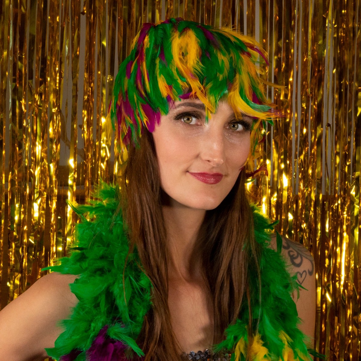 Mardi Gras Feather Wig - Gold-Kelly-Purple