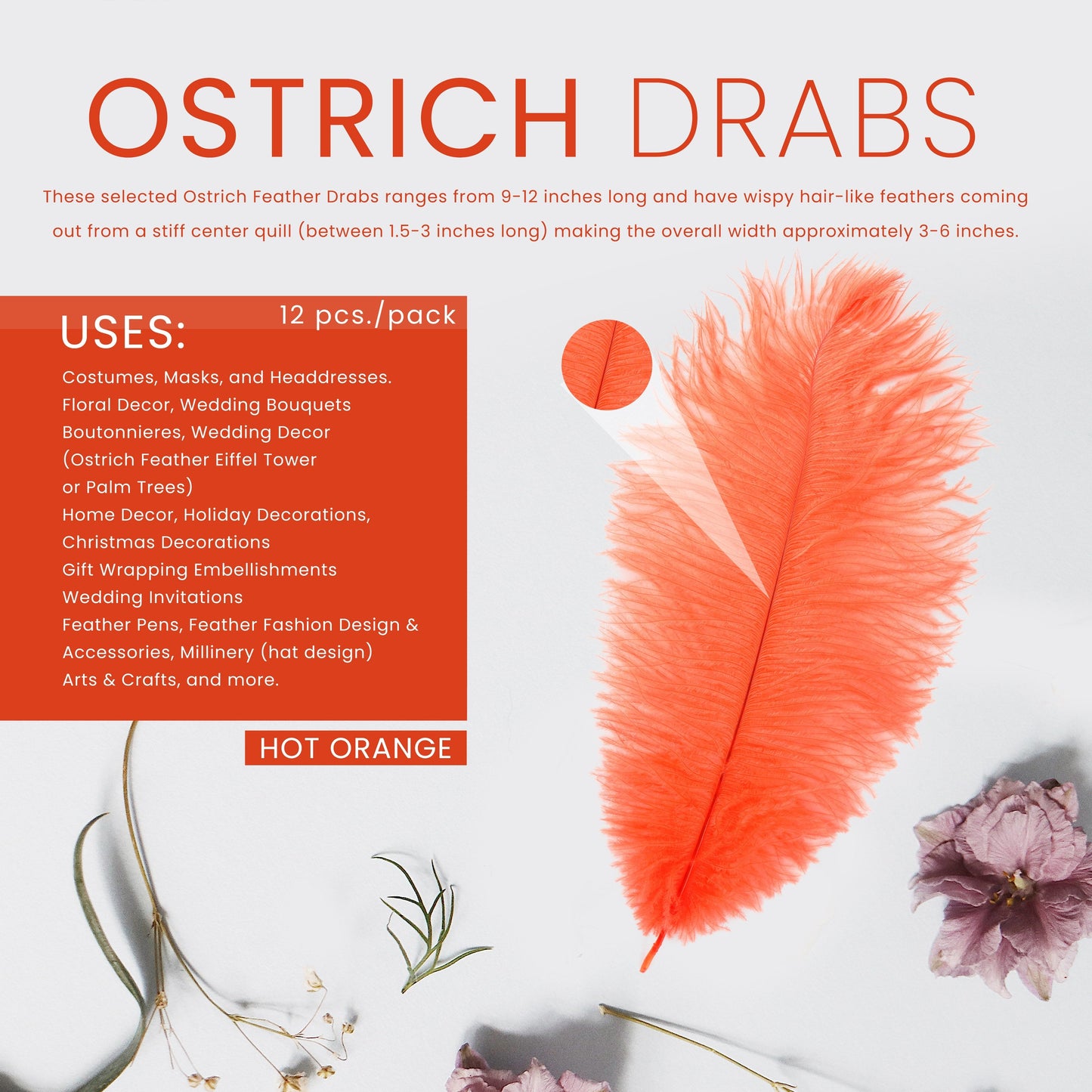 Ostrich Feathers 9-12" Drabs - Hot Orange