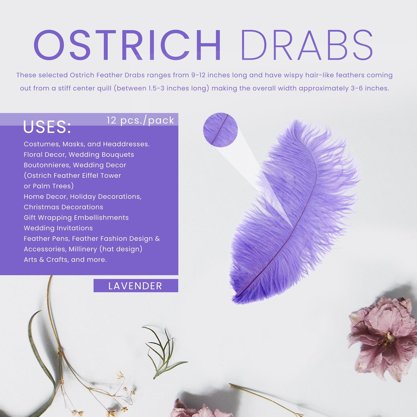 Ostrich Feathers 9-12" Drabs - Lavender