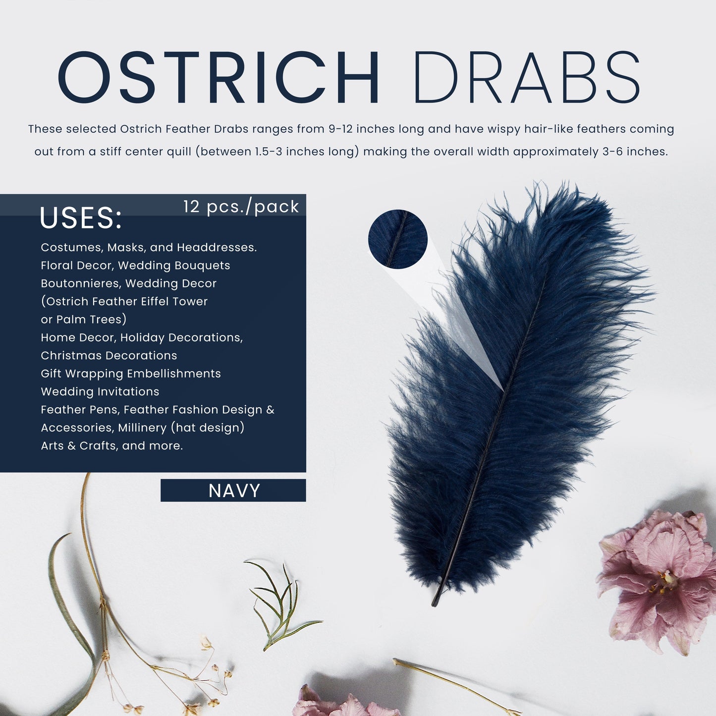 Ostrich Feathers 9-12" Drabs - Navy