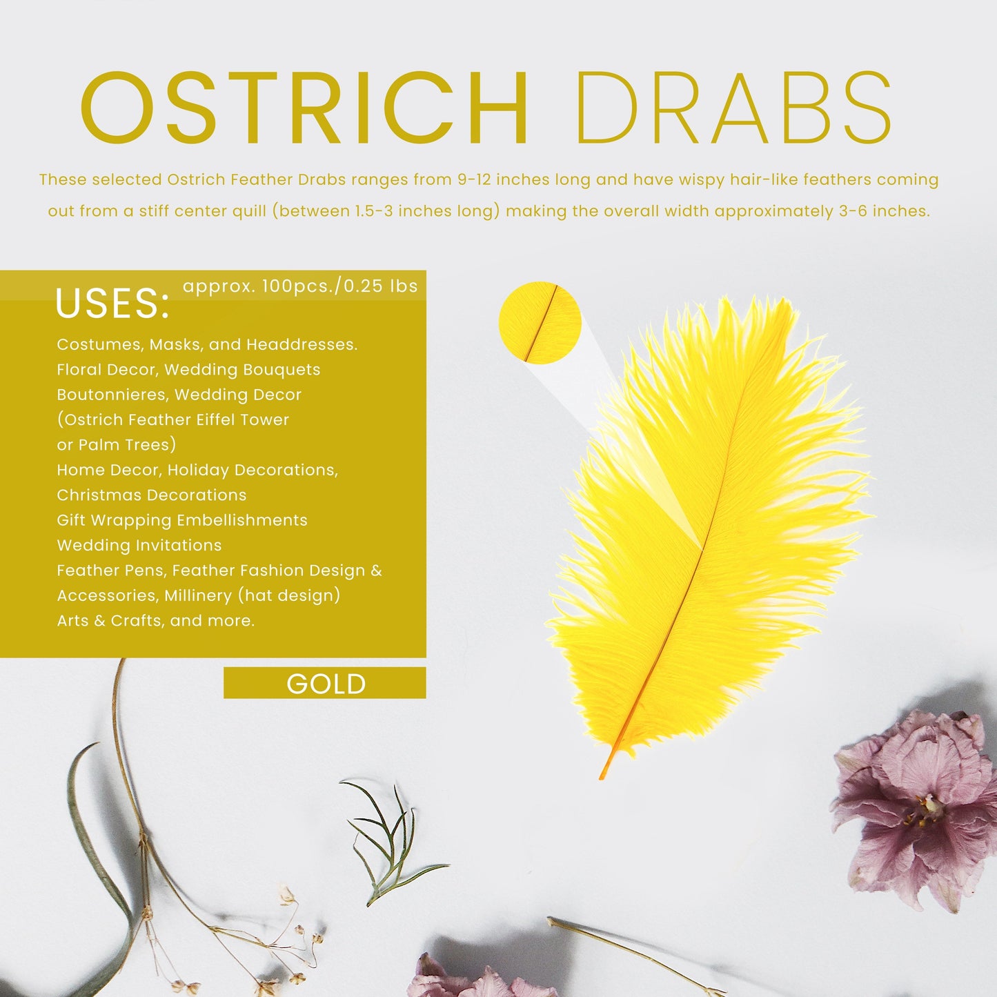 Ostrich Feathers 9-12" Drabs - Gold