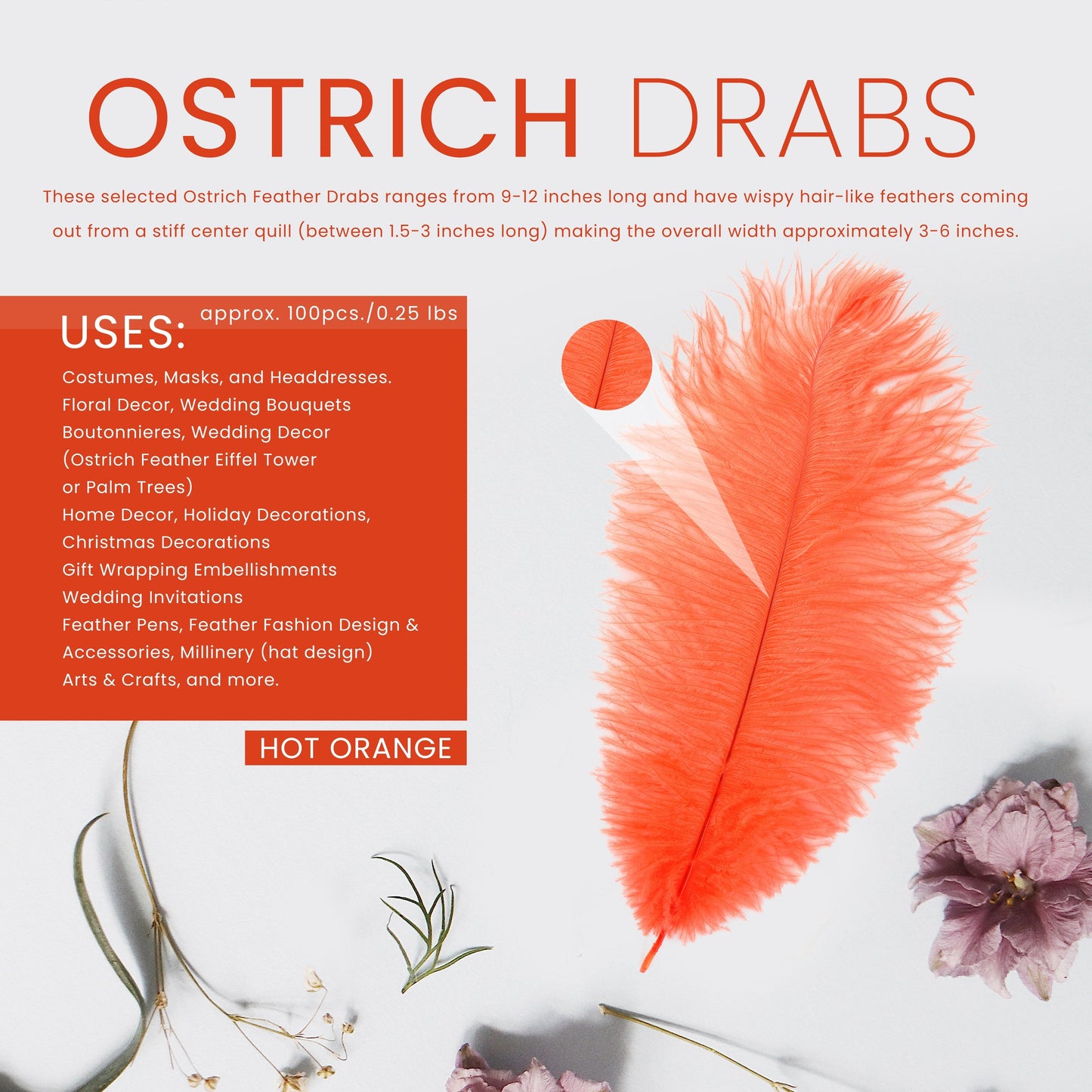 Ostrich Feathers 9-12" Drabs - Hot Orange