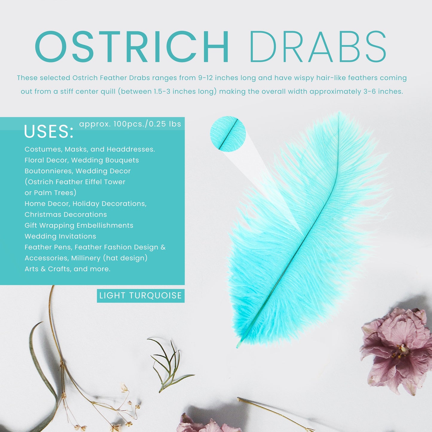 Ostrich Feathers 9-12" Drabs - Light Turquoise