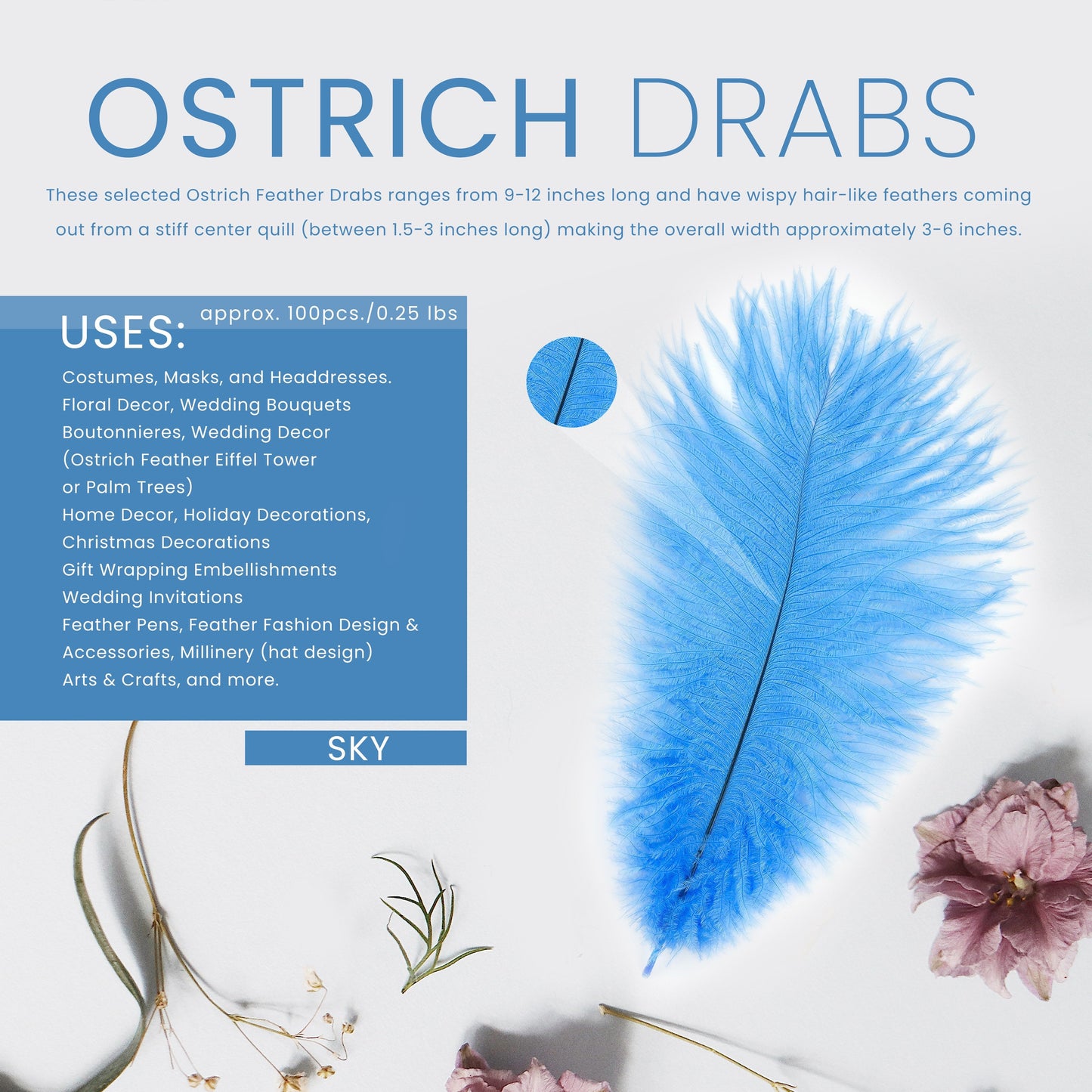 Ostrich Feathers 9-12" Drabs - Sky