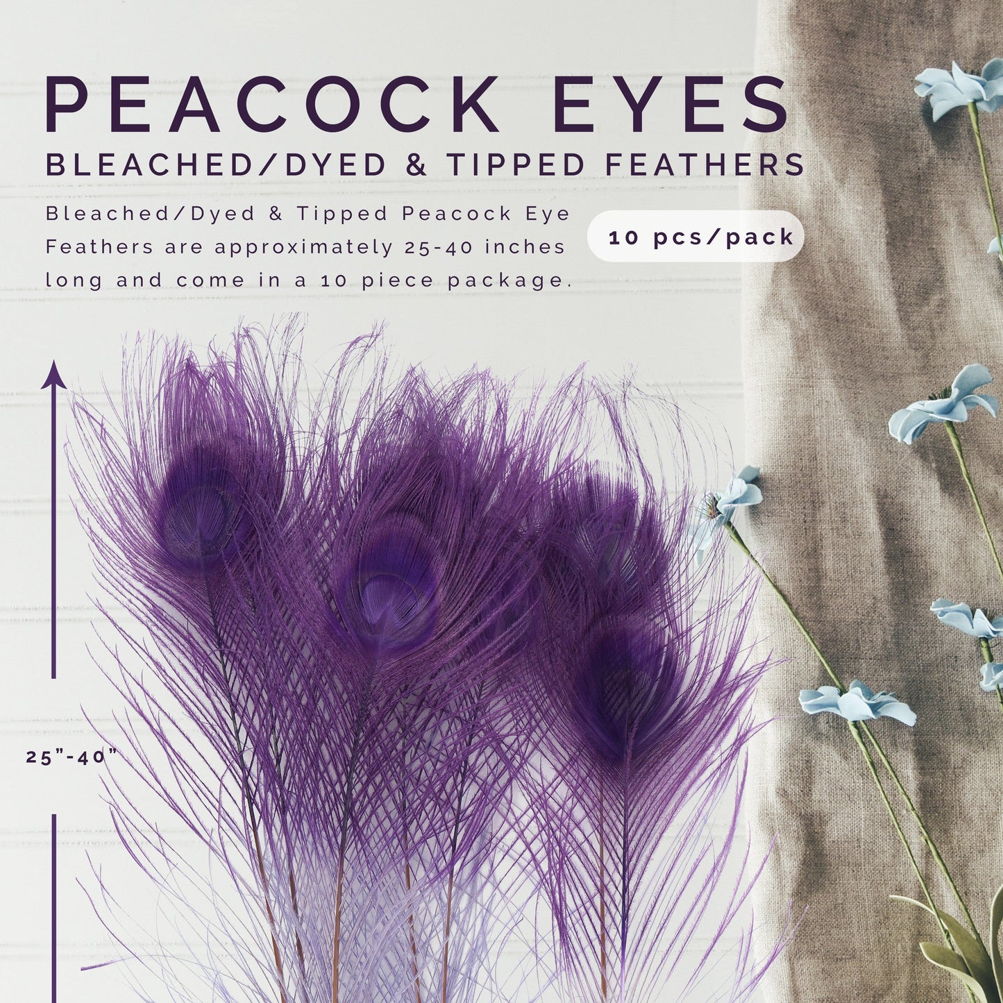 Peacock Eyes Bleached/Dyed & Tipped Feathers - 25-40 Inch - 10 PCS - Orchid - Purple