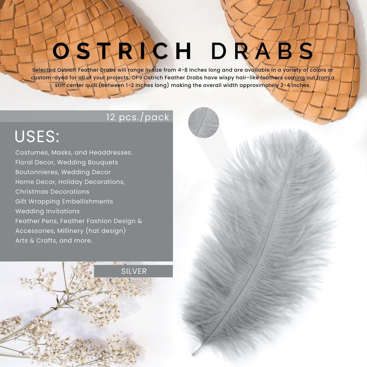 Ostrich Feathers 4-8" Drabs - Silver