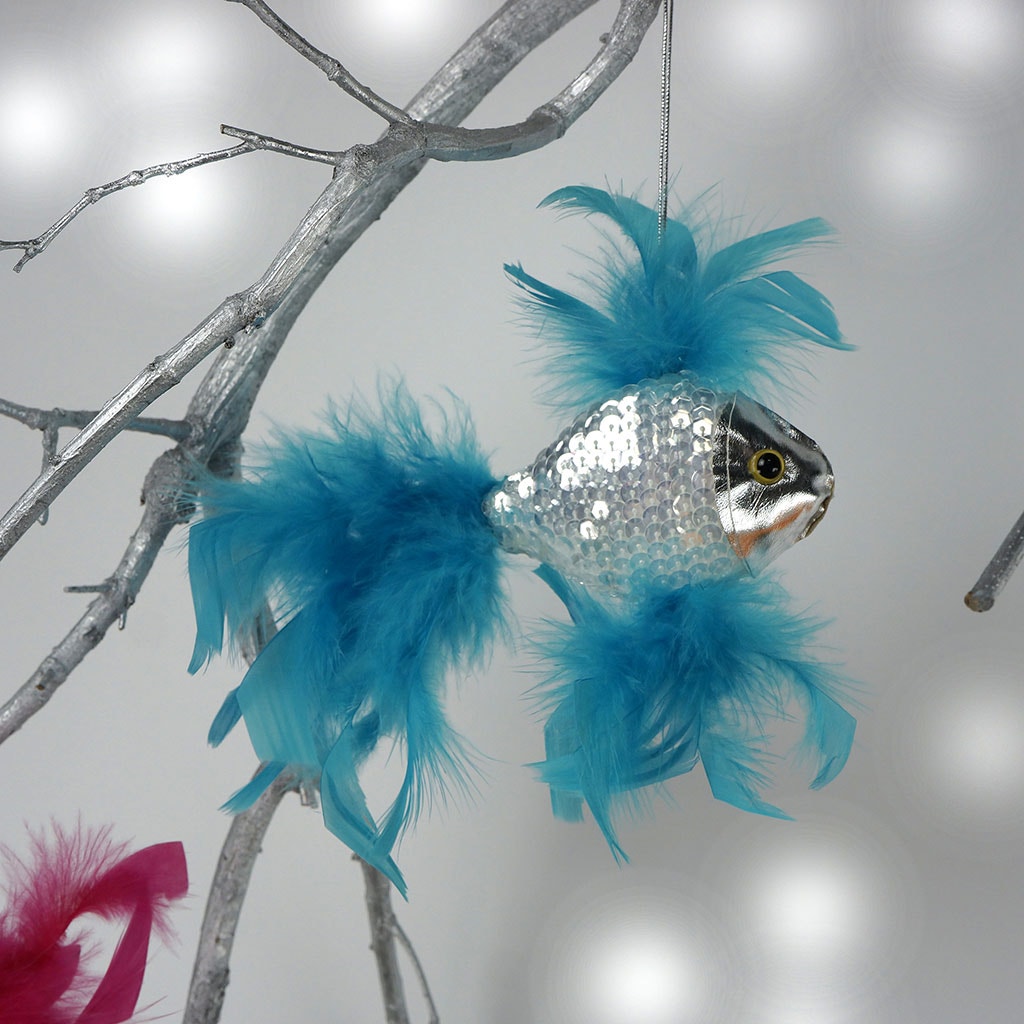 Zucker Large Dark Turquoise Blue Fish Christmas Ornament - Silver & Feather Holiday Birthday Home Decor, Size: 6