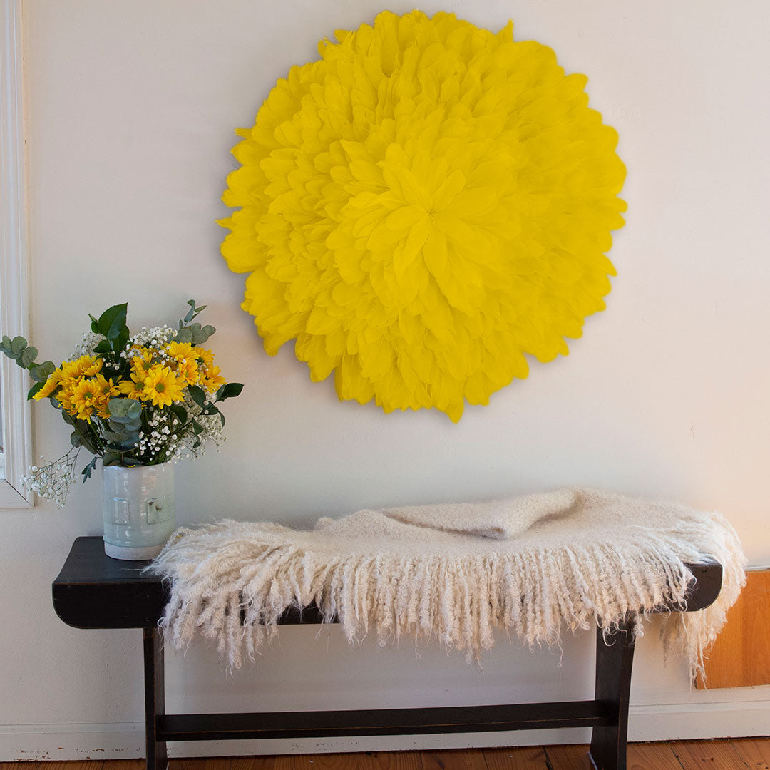 African JuJu Hat Feather Wall Art and Decor - Large - Lemon Yellow