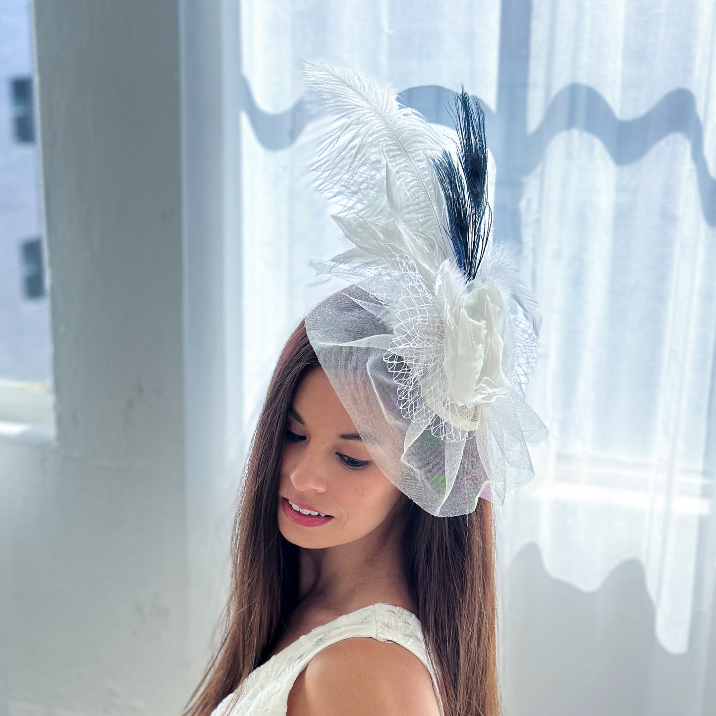 Blanca Ostrich Feather Fascinator - Navy and White