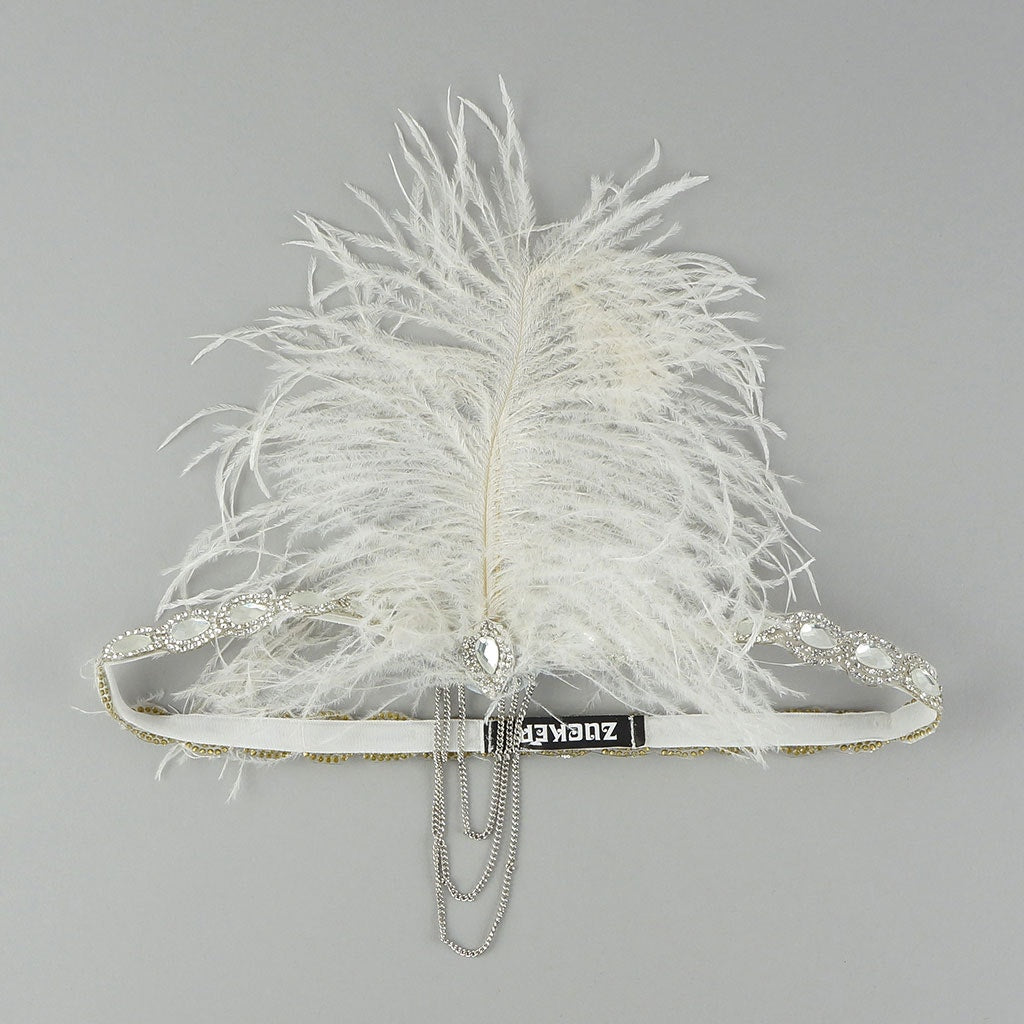 Feather Headband w/Chain tassel - White and Silver