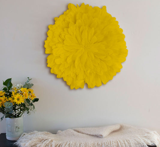 Unique Decorative Feather Wall Art Inspired by African JuJu Hats - Lemon Yellow