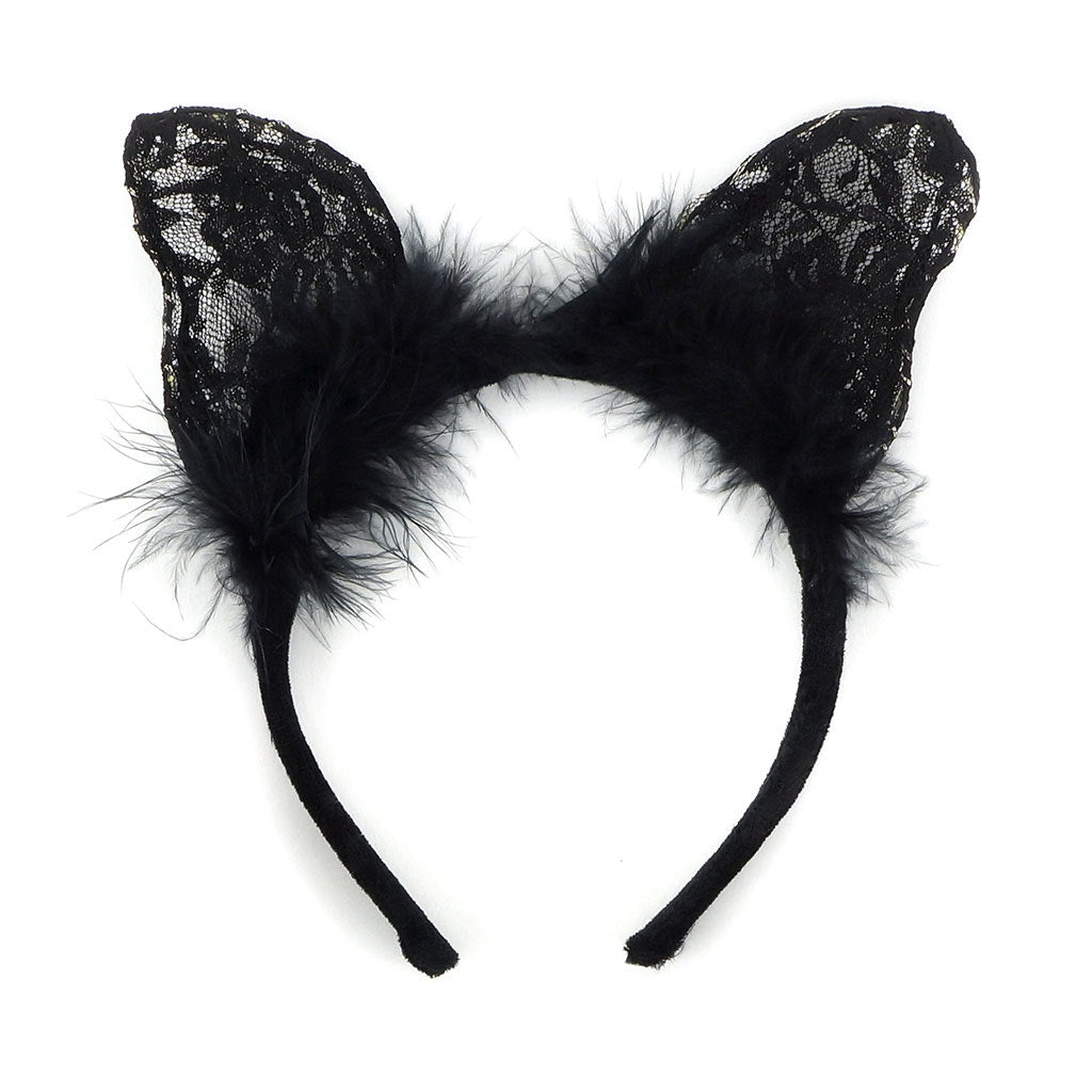 Feather and Lace Cat Ears Headband - Black