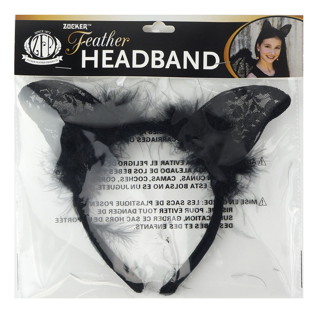 Feather and Lace Cat Ears Headband - Black