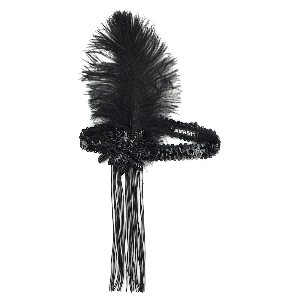 Flapper Feather Headband w/Tassel - Black and Black