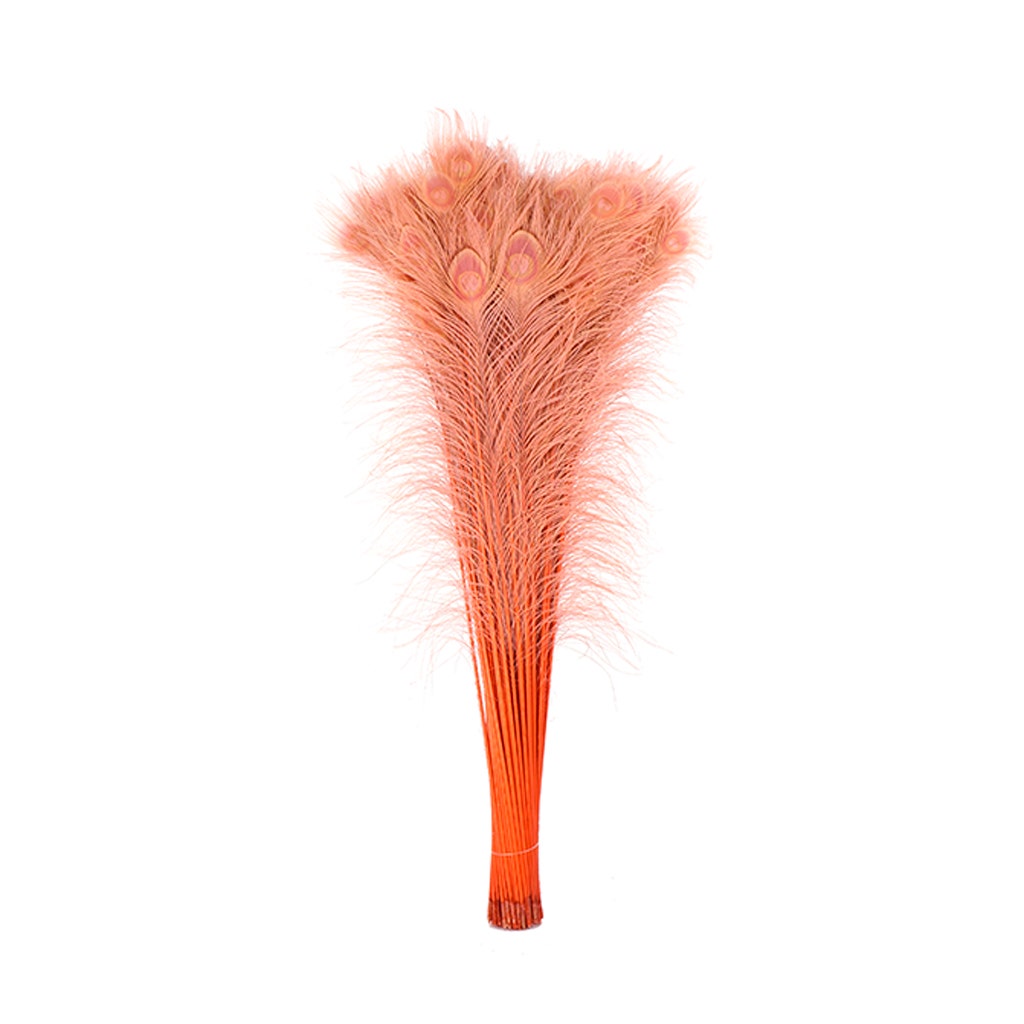 Peacock Tail Eyes Bleached Dyed Feathers - 25-40 Inch - 100 PCS - Coral