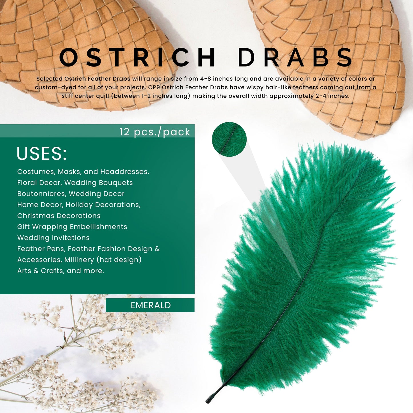 Ostrich Feather Drabs 4-8" - 12pcs Emerald