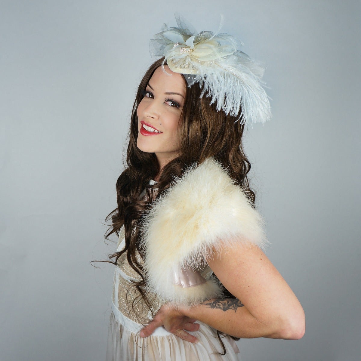 Ostrich Feather Fascinator Wedding, Victorian Style Party Hair Accessory - Ivory