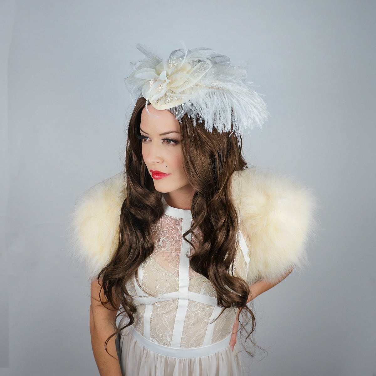 Ostrich Feather Fascinator Wedding, Victorian Style Party Hair Accessory - Ivory