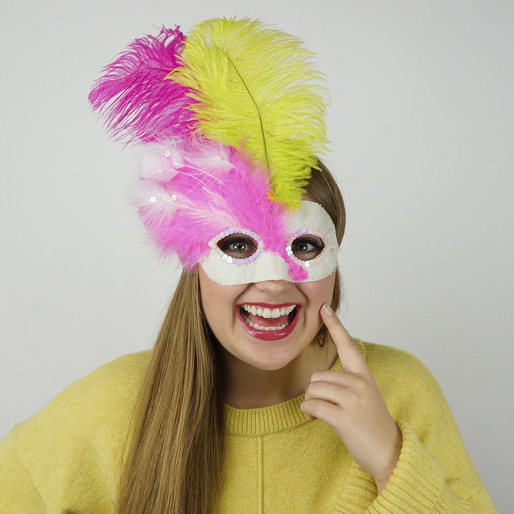 Pink-White Feather Mask w/Ostrich Feathers Lime/Shocking Pink