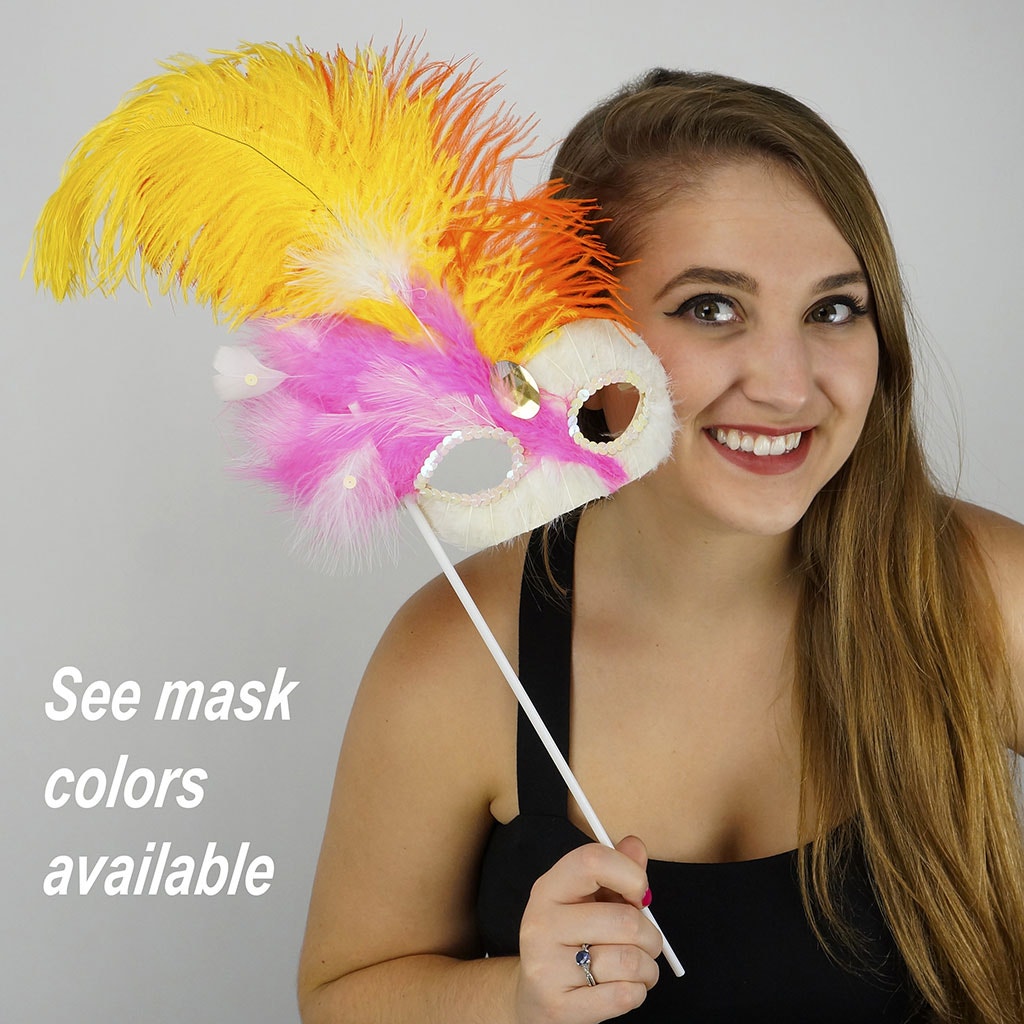 Pink-White Feather Mask w/Ostrich Feathers Lime/Shocking Pink