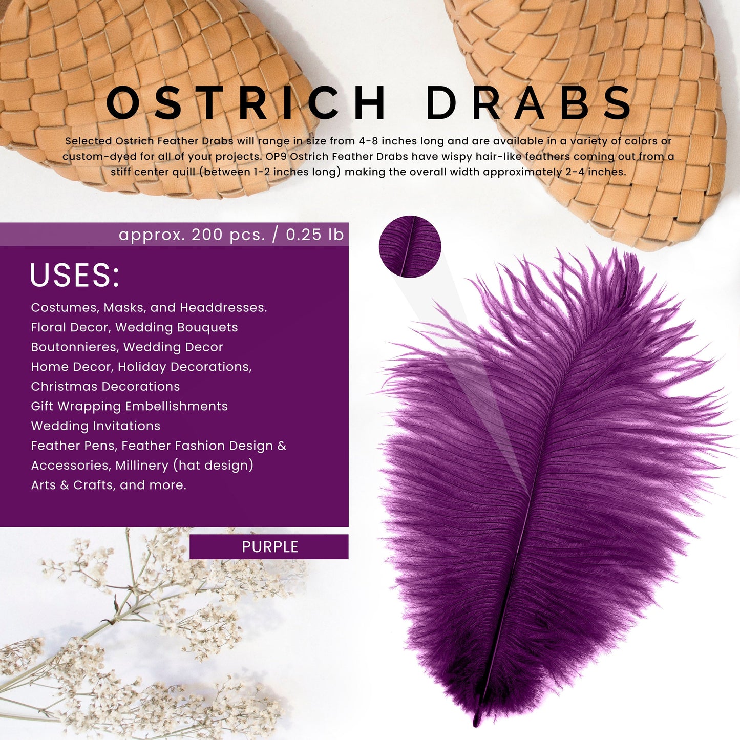 Bulk Feather Ostrich Drabs - 4-8" 1/4 lb Purple