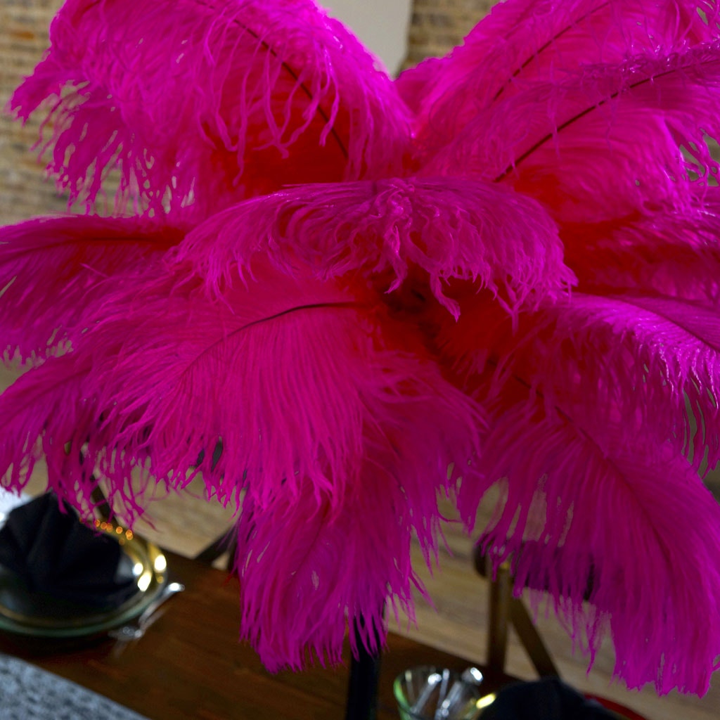 Ostrich Eiffel Tower Centerpiece Shocking Pink w/Black Vase