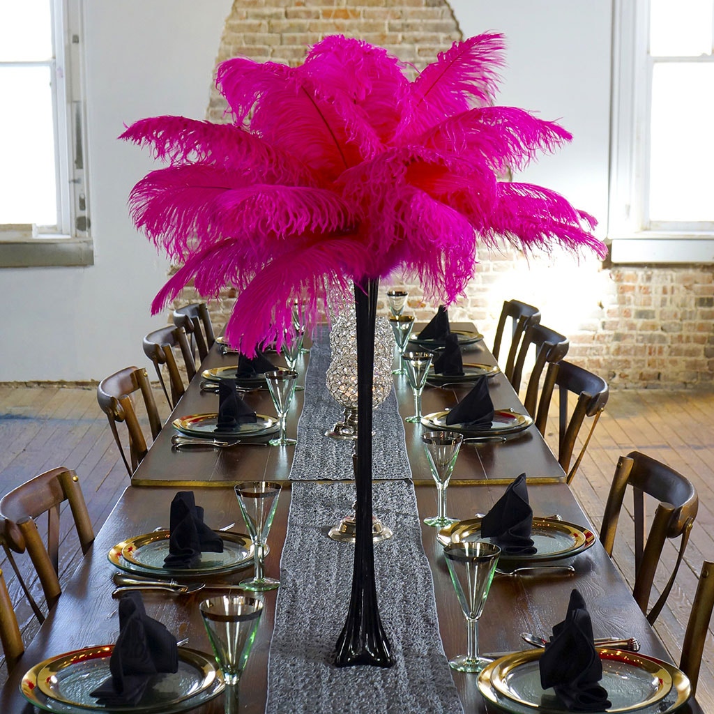 Ostrich Eiffel Tower Centerpiece Shocking Pink w/Black Vase