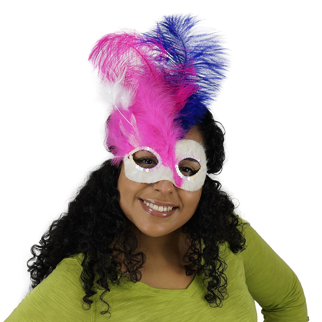 Pink-White Feather Mask w/Ostrich Feathers Shocking Pink/Regal