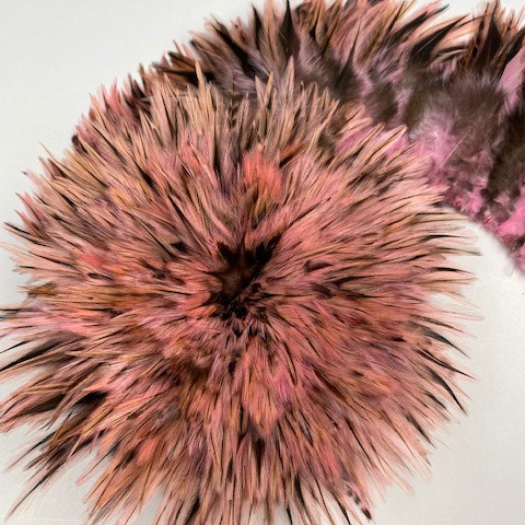 Badger Rooster Saddle Feathers Strung - 2" strip of 4-6" Rooster Feathers - Candy Pink