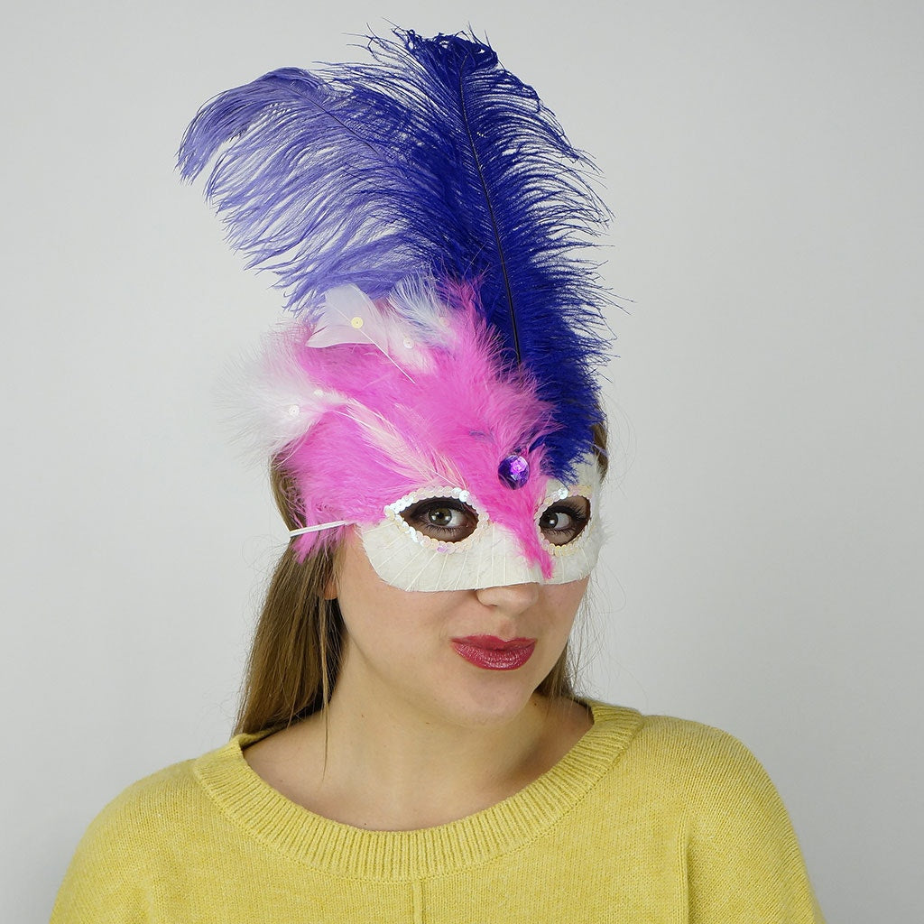 Pink-White Feather Mask w/Ostrich Feathers Lavender/Regal