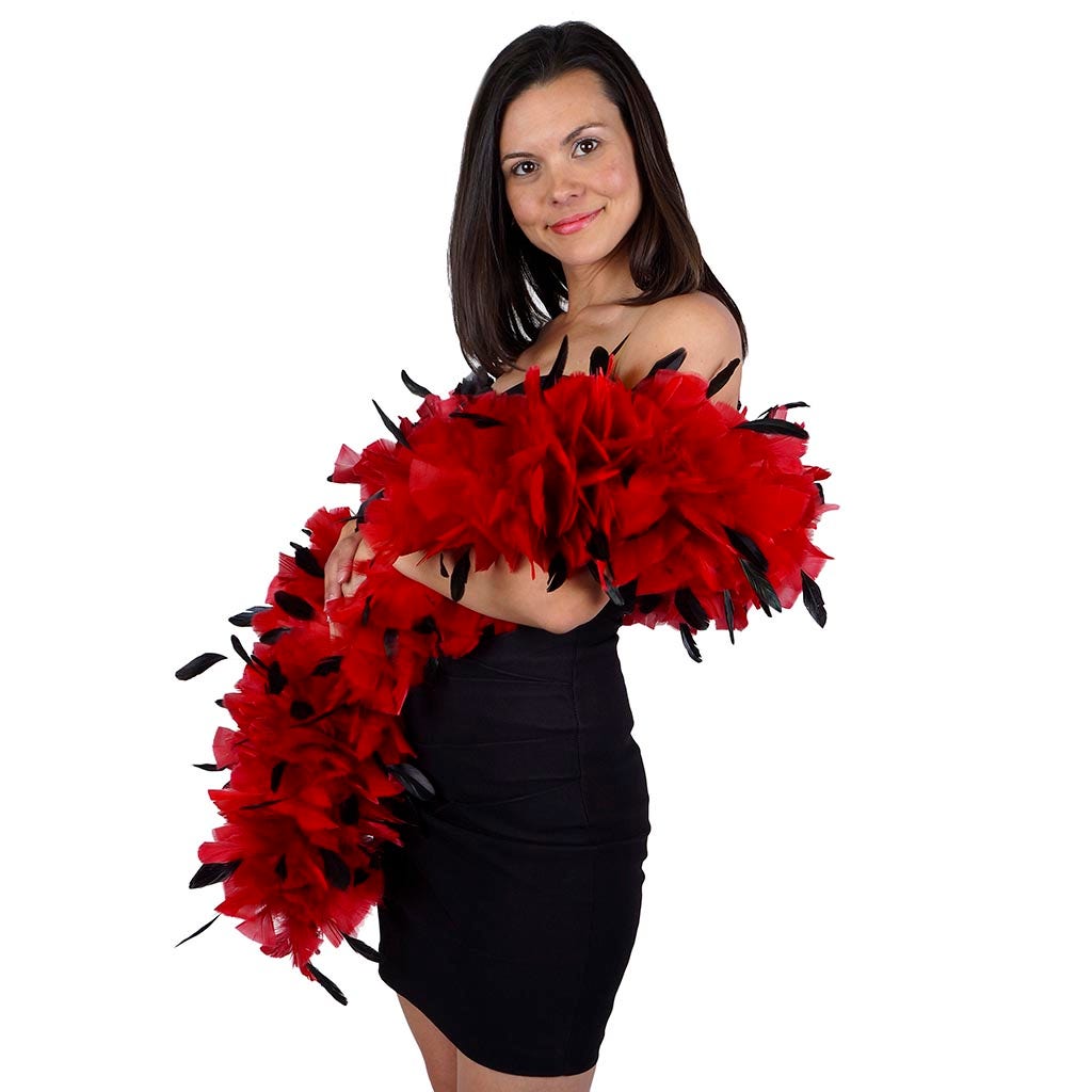 Turkey Feather Boa with Stripped Coque - Red/Black