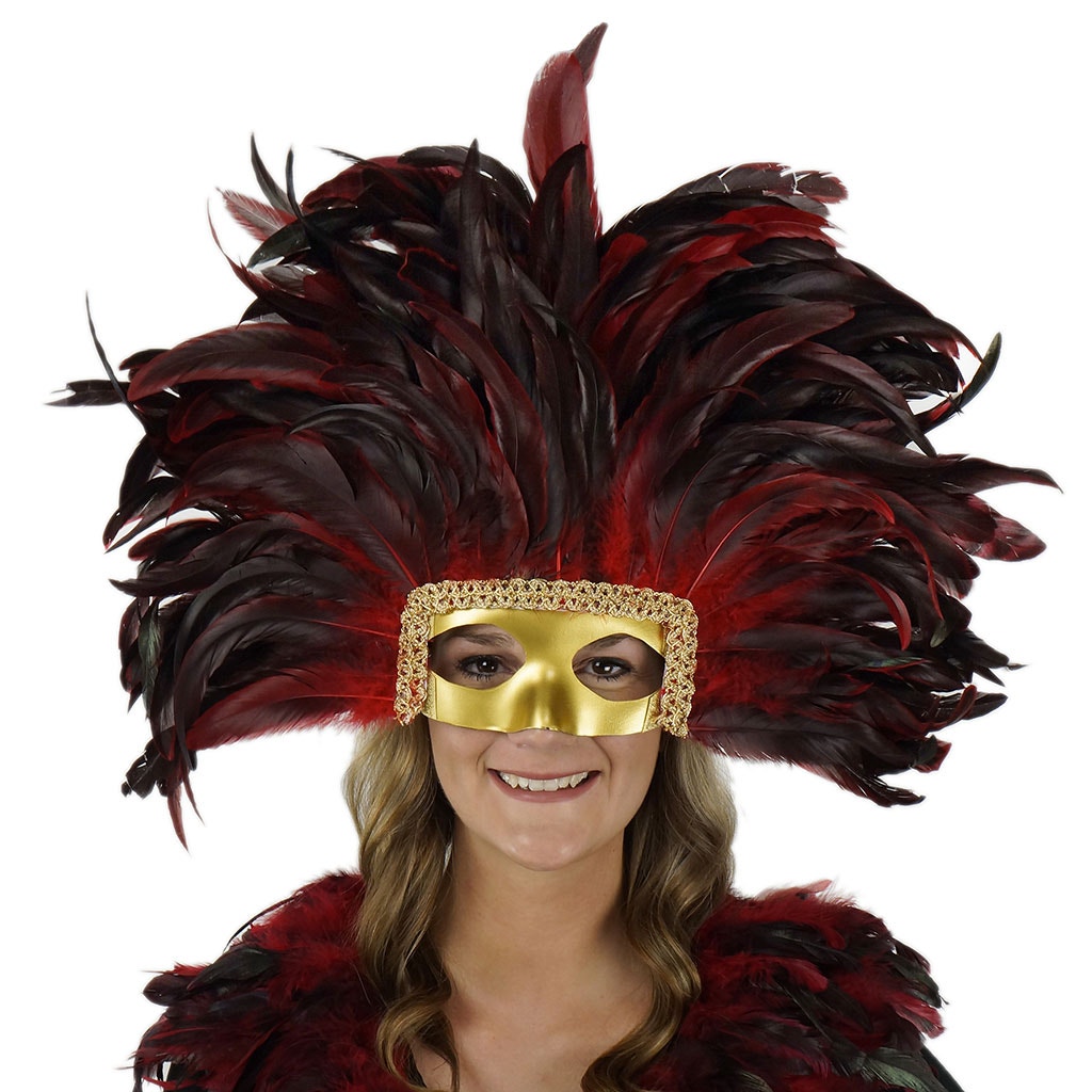 Large Feather Headdress Mask-Dyed - Red