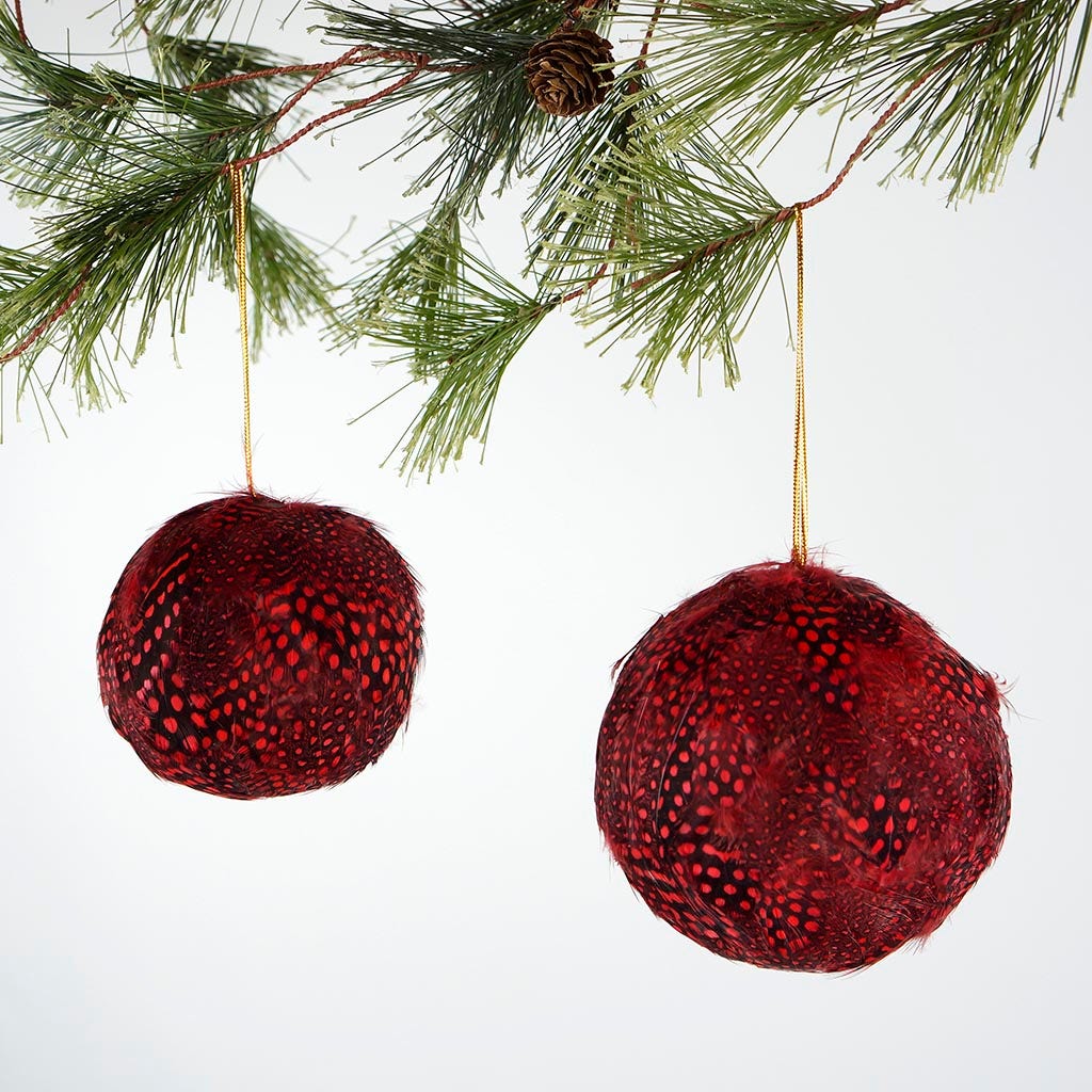 Guinea Feather Ornament - Dyed 4" ball - Red