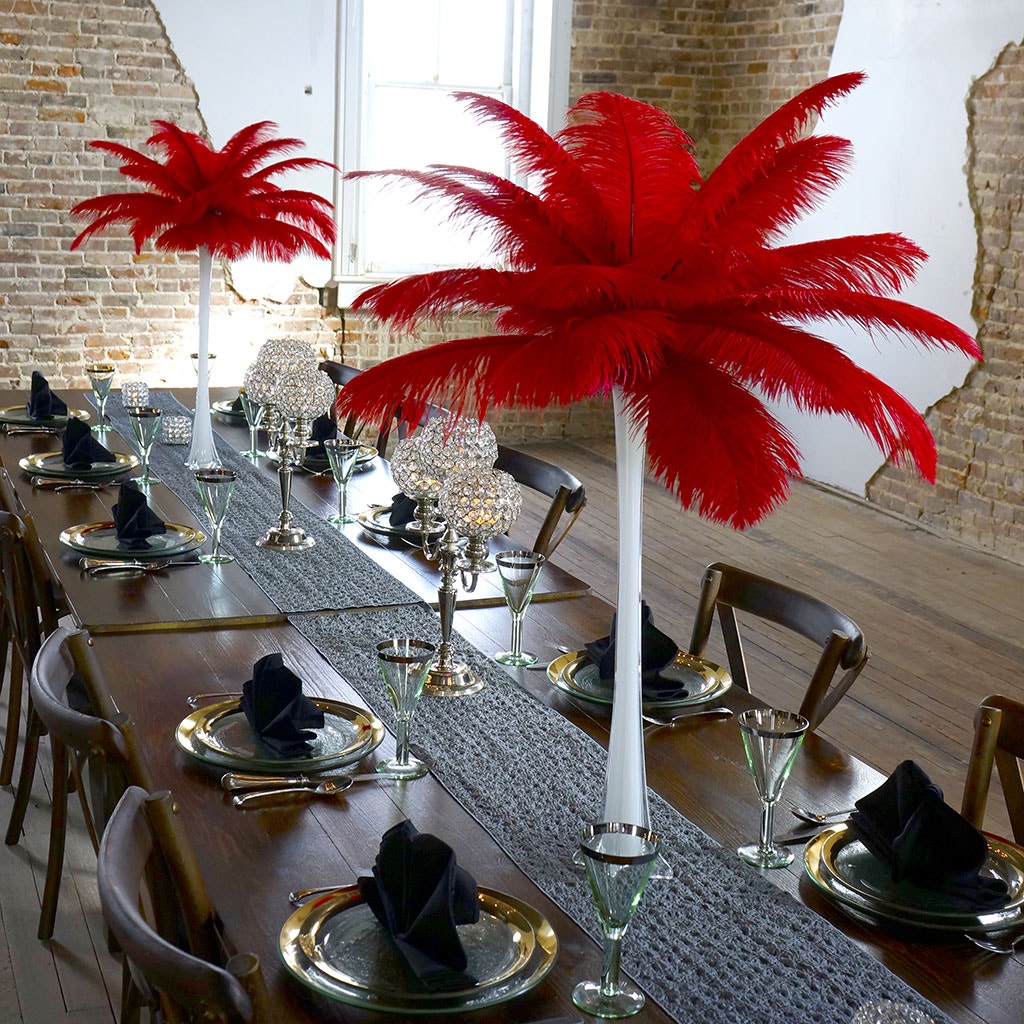 Ostrich Eiffel Tower Centerpiece Red w/White Vase