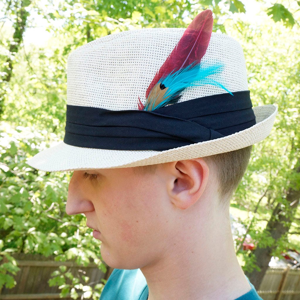Pheasant Hackle Feather Hat Trims - Dark Aqua- Tango Red - Natural
