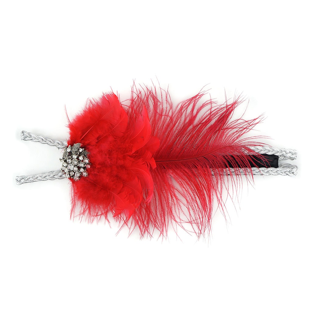 Feather Headband w/Ostrich/Schlappen Red/Silver