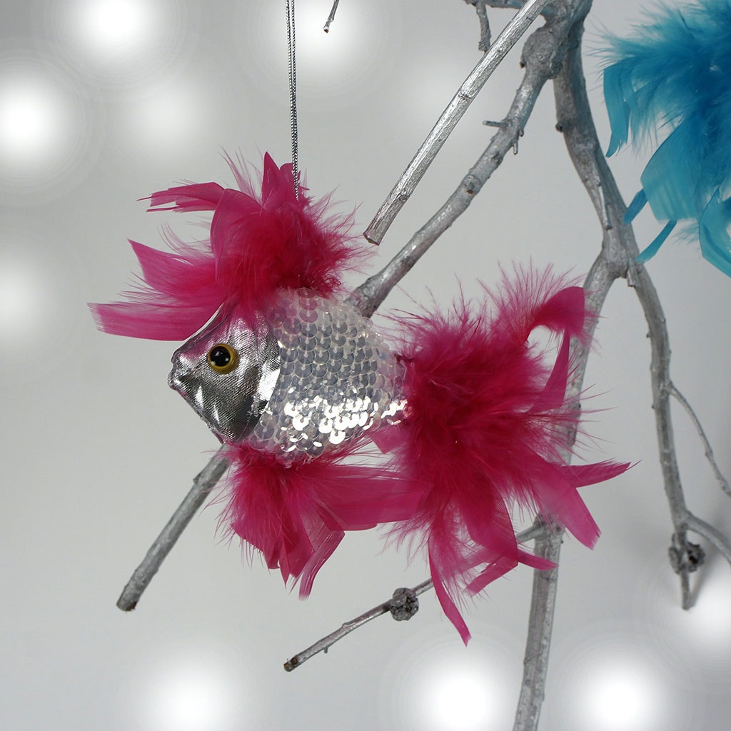 Feather Fish Ornament Silver/Shocking Pink