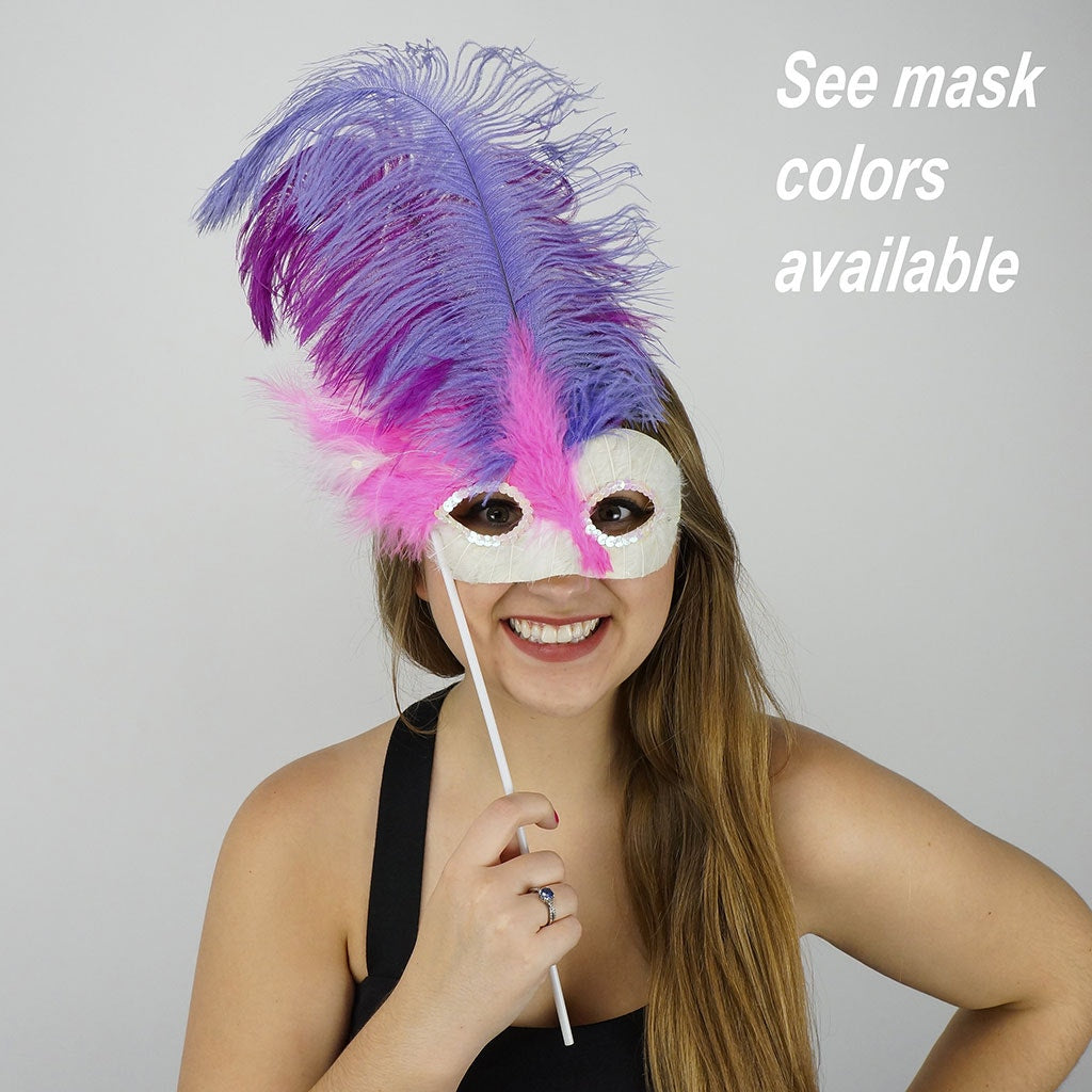 Pink-White Feather Mask w/Ostrich Feathers Lt Turq/Dk Turq